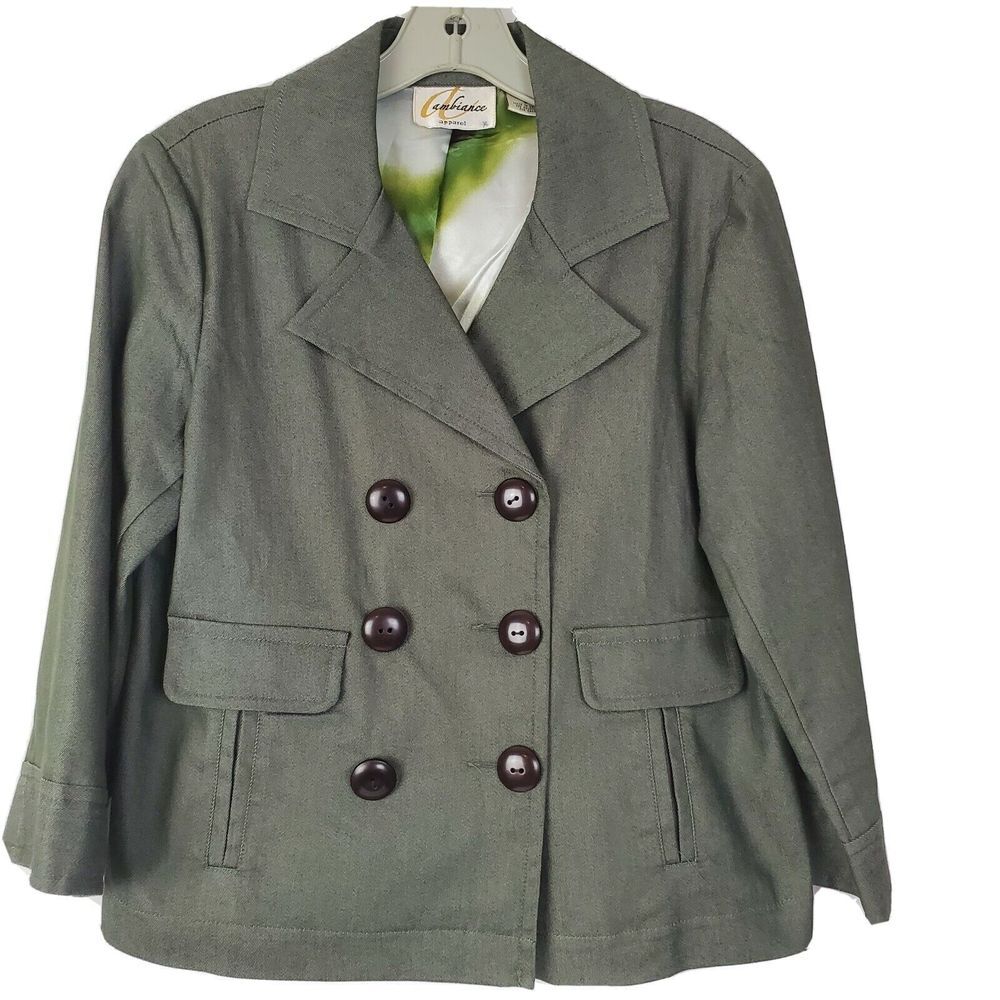 AMBIANCE APPAREL Women's Green Peacoat Jacket Double Breasted Size 6 GUC
